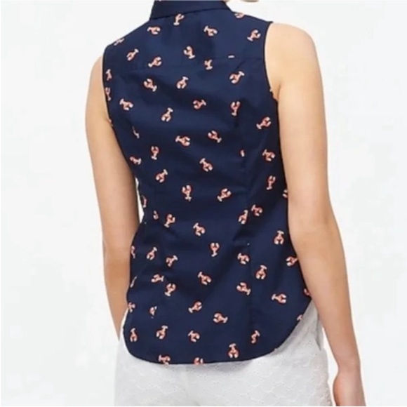 J. Crew Navy Button Down Sleeveless Blouse with Preppy Red Lobster Pattern - Picture 2 of 9